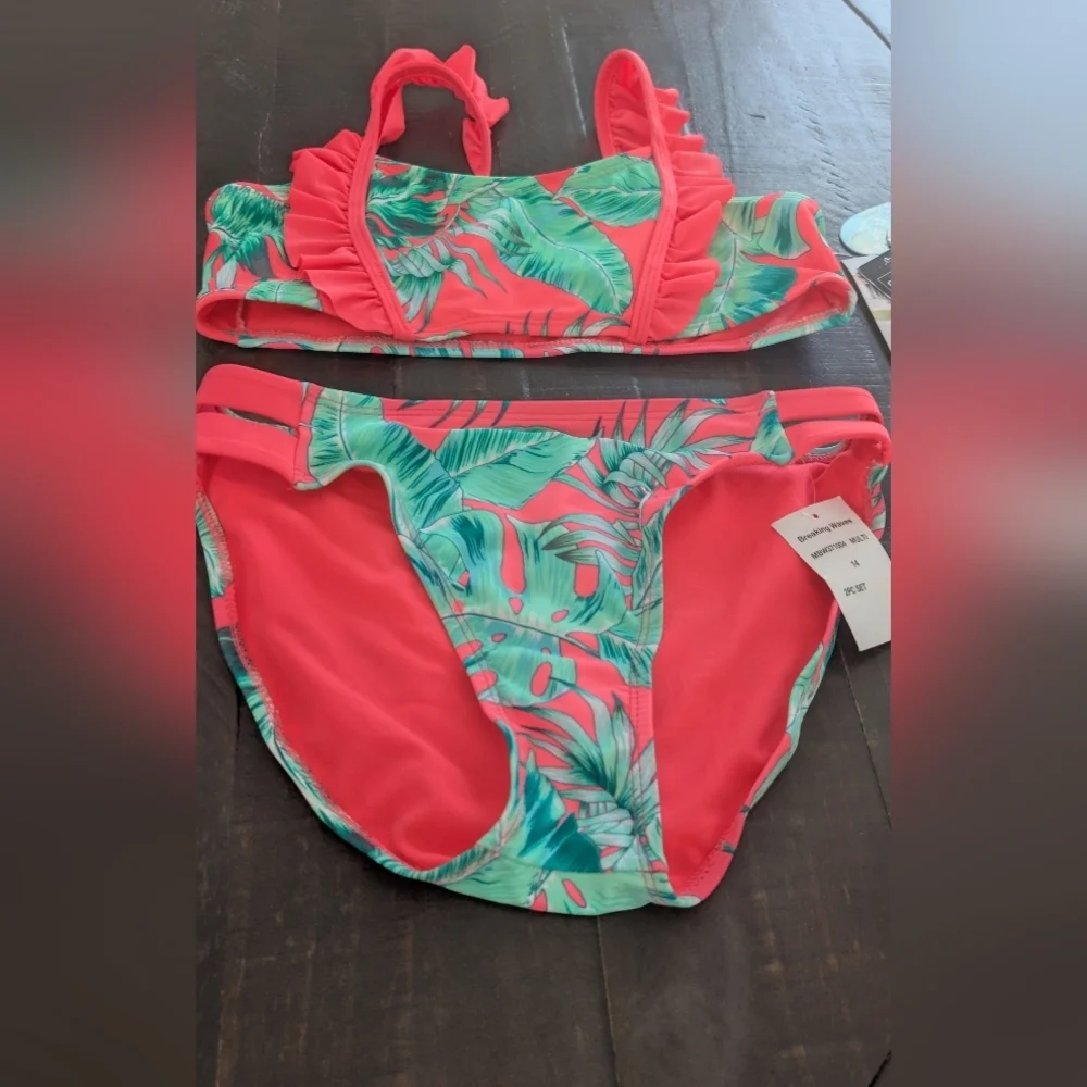 Macy's Coral and Green Ruffle Tropical Two-Piece Swim Set